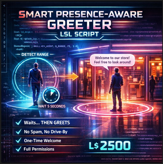 Smart Presence-Aware Greeter LSL Script | Anti-Spam Auto Welcome System | Full Permissions