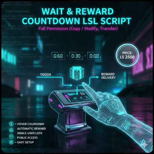 Wait & Reward Countdown System LSL Script (Full Perm) – Hover Timer, Auto Gift, Single-User Lock