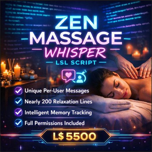 Zen Massage Whisper System – Unique Per-User Message Engine LSL Script | Full Permissions | Immersive Relaxation Tool