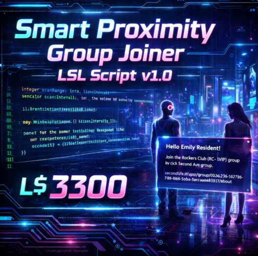 Smart Proximity Group Joiner LSL Script v1.0 – Auto Avatar Scanner & Invite System | Copy & Modify | Second Life