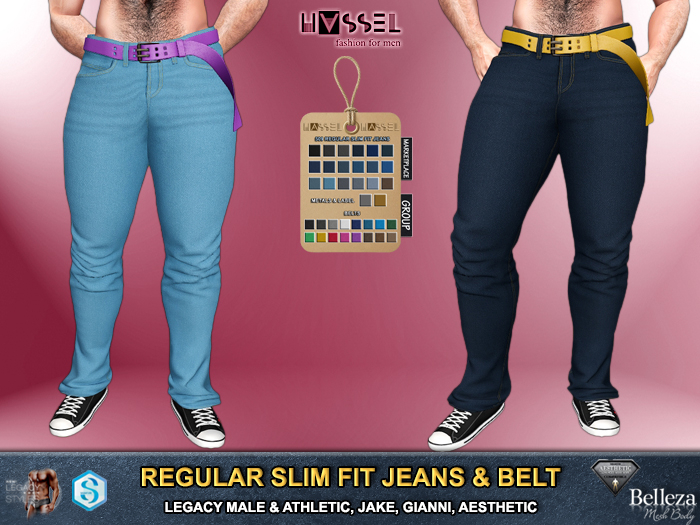(HASSEL) PACK MEN'S REGULAR SLIM FIT JEANS WITH BELT LEGACY MALE LEGACY ATHLETIC JAKE GIANNI AESTHETIC 509