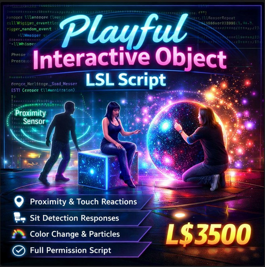 Playful Interactive Object LSL Script | Proximity, Touch & Sit Reactions | Full Perm Fun Interaction System