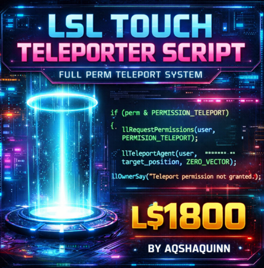 LSL Touch Teleporter Script – One-Click Avatar Teleport System (Full Perm) by Aqshaquinn