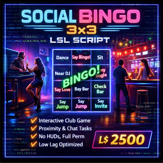 Social Bingo 3×3 LSL Script – Interactive Multiplayer Club Game | Full Perm | Low Lag | Easy Setup