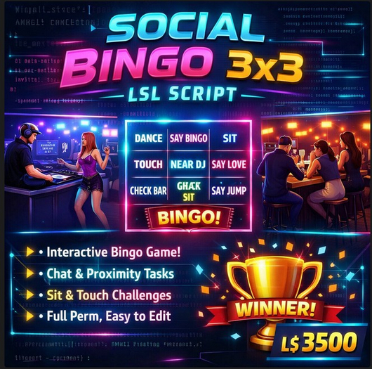 Social Bingo 3×3 LSL Script – Interactive Multiplayer Club Game with Chat, Proximity & Action Tasks (Full Perm)