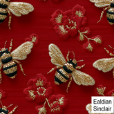 Gilt Embroidered Bees and Flowers on Red Silk Seamless Texture