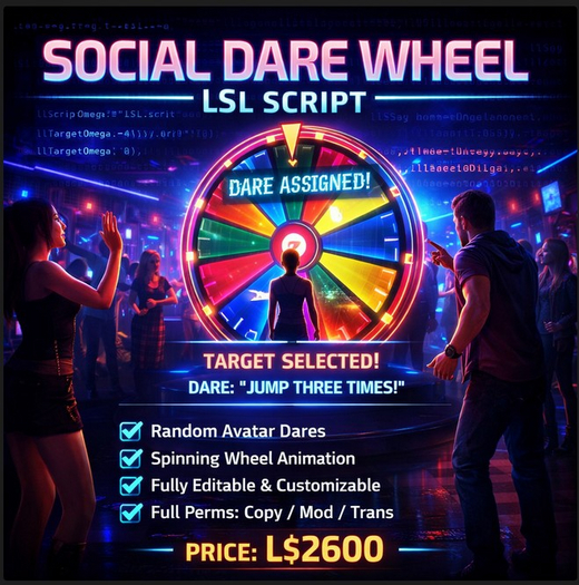LSL Social Dare Wheel Script | Interactive Party Game | Full Permissions | Fun Random Dare System for Second Life