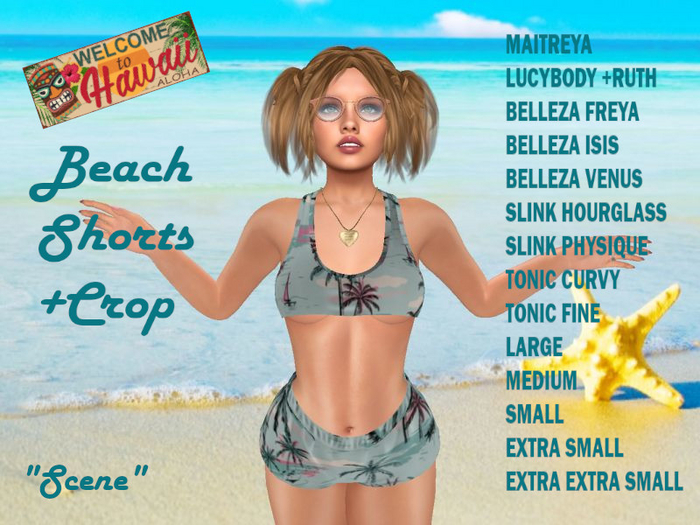 HAWAIIAN SCENE CROP TOP & BOOTIE SHORTS FITMESH in Mesh Body Models & Standard SL Sizes 