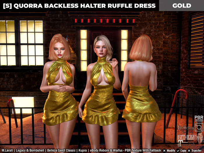[S] Quorra Backless Halter Ruffle Dress Gold