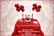 Mayas | Red Valentines Table | Champagne Bottle | Heart Balloons | Heart Cake | Happy Valentines