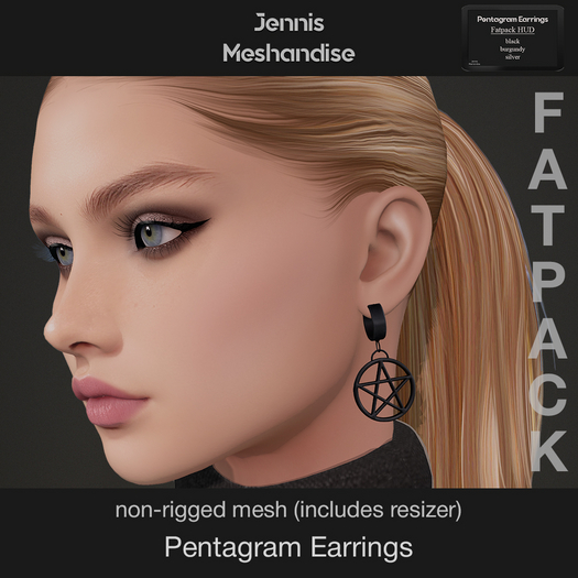 Pentagram Earrings – Non-Rigged Mesh | Gothic Accessory | Resizer | Fatpack HUD