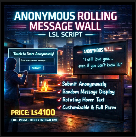 Anonymous Rolling Message Wall LSL Script – Interactive Confession & Message Board with Hover Text | Full Perm