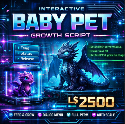 Interactive Baby Pet Growth Script – Feed, Grow & Release System | Full Perm Second Life LSL Script