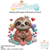 floating sloth queen with hearts on cloud