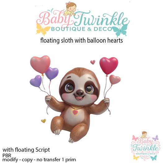 floating sloth with balloon hearts