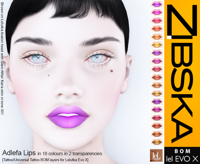 Zibska Evo X ~ Adlefa Lips in 18 colors in 2 transparencies with tattoo and universal tattoo BOM