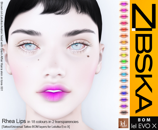 Zibska Evo X ~ Rhea Lips in 18 colors in 2 transparencies with tattoo and universal tattoo BOM layers