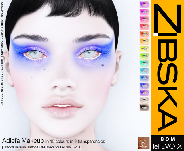 Zibska Evo X ~  Adlefa Makeup in 15 colours in 3 transparencies with tattoo and universal tattoo BOM