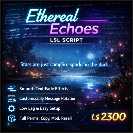 Ethereal Echoes LSL Script – Animated Hover Text Memory Display with Smooth Fade Transitions | Full Perm