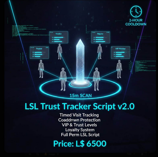 LSL Trust Tracker Script v2.0 – Timed Visit System with Cooldown, VIP Levels & Loyalty Tracking (Full Perm)