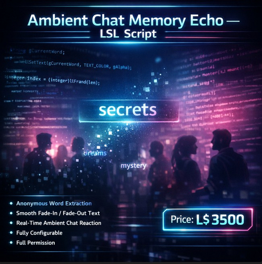 Ambient Chat Memory Echo – LSL Word Fragment Display Script | Full Perm | Interactive Hover Text System
