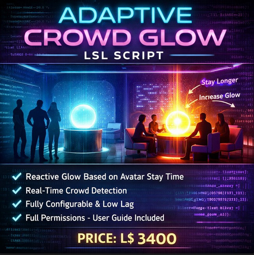 Adaptive Crowd Glow LSL Script – Real-Time Avatar Stay Detection with Dynamic Visual Feedback (Full Perm)