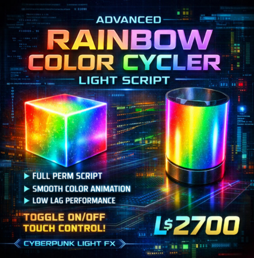 Advanced Rainbow Color Cycler Light Script – Smooth HSV Color Animation | Full Perm LSL Script for Second Life