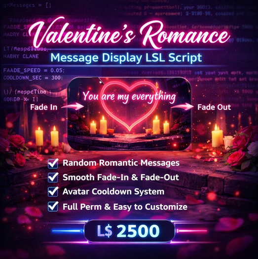 Valentine’s Romance Message Display – Animated Fade Text LSL Script with Cooldown (Full Perm)
