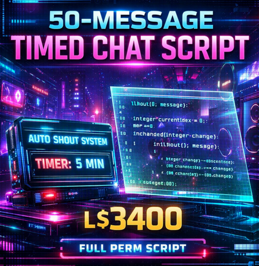 50-Message Timed Club Chat Script for Second Life | Full Perm Auto Shout System (5-Minute Timer)