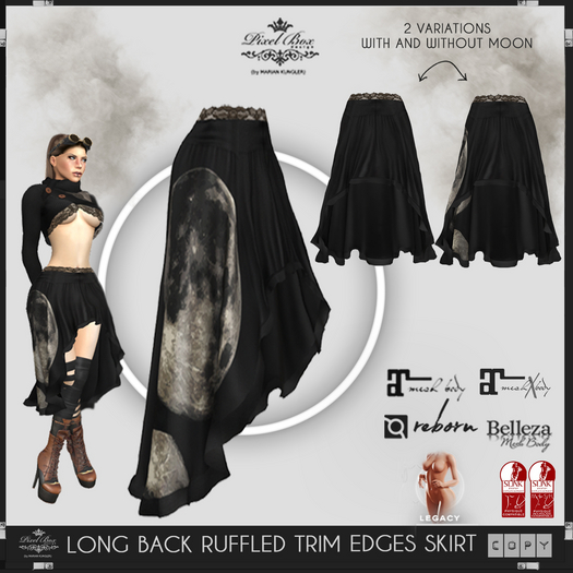 PIXEL BOX - Moon Long Back Ruffled Trim Edges Skirt