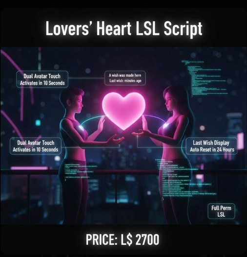 Lovers’ Heart LSL Script – Dual Touch Romance Object with Timed Activation & Auto Reset (Full Perm)