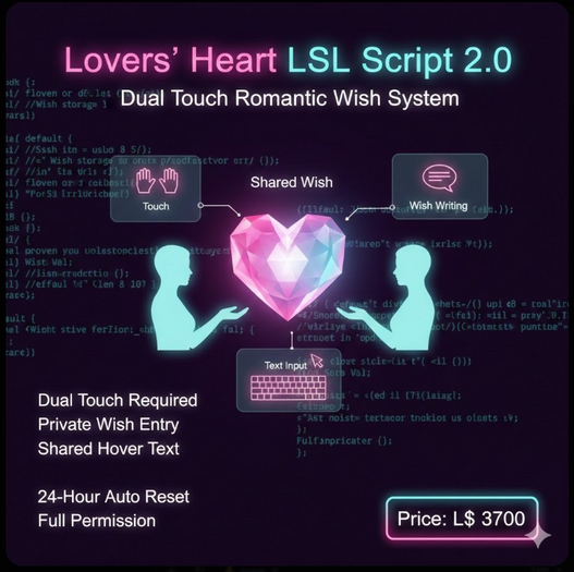 Lovers’ Heart LSL Script 2.0 – Dual Touch Romantic Wish System | Full Perm Valentine Script
