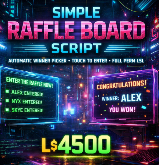 Simple Raffle Board Script – Automatic Winner Picker | Touch-to-Enter | Full Perm LSL