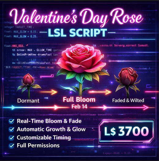 Valentine’s Day Rose LSL Script – Real-Time Bloom, Glow & Fade System (Full Permissions)