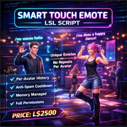 Smart Touch Emote LSL Script | Non-Repeating Per-Avatar Emotes | Memory-Safe | Full Perm