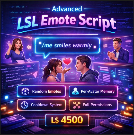 Advanced LSL Emote Script – Randomized Avatar Emotes with Memory & Cooldown – Full Permission
