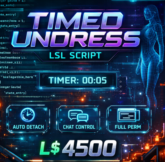 Timed Undress LSL Script – Auto Detach Clothing with Timer & Chat Control (Full Perm)