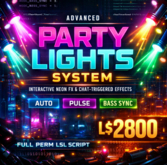 Advanced Party Lights System – Interactive Neon Effects, Chat-Triggered FX & Multi-Mode Control (Full Perm LSL Script)
