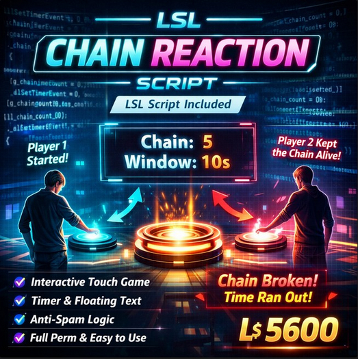 LSL Chain Reaction Script – Interactive Social Touch Game with Timer, Anti-Spam Logic & Live Display (Full Perm)