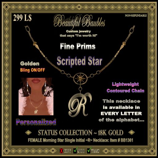 FEMALE Morningstar Single Initial Necklace ~R~ 18K GOLD