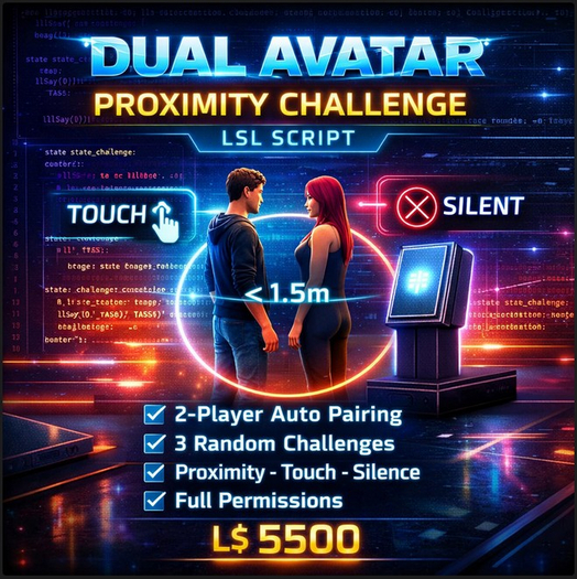 Dual Avatar Proximity Challenge LSL Script | Interactive 2-Player Game | Full Permissions