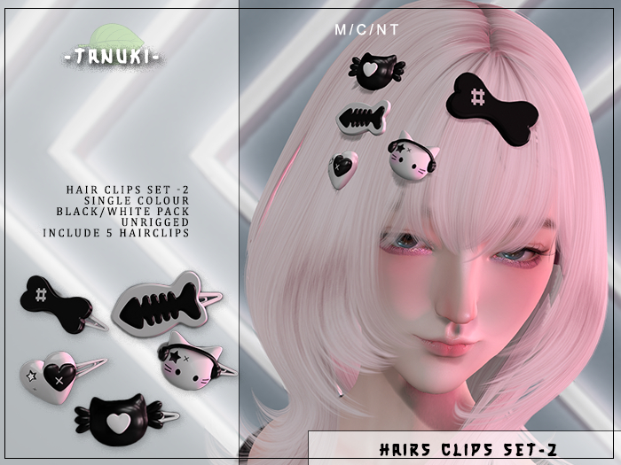 -Tanuki- Hair Clips SET -2 B/W