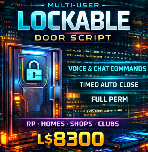 Multi-User Lockable Door Script LSL – Voice & Chat Commands, Timed Auto-Close (Full Perm)