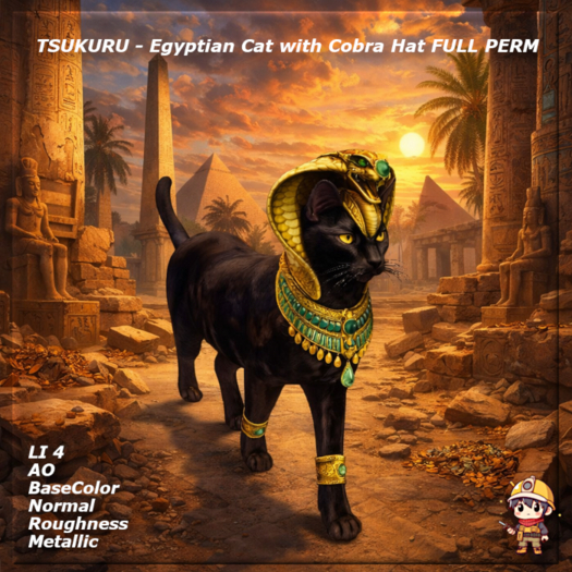 Cobar Cat Second Life Marketplace - TSUKURU - Egyptian Cat with Cobra Hat FULL PERM