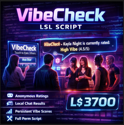 VibeCheck LSL Script – Community Vibe Rating System for Second Life | Full Permissions | Interactive Social Tool