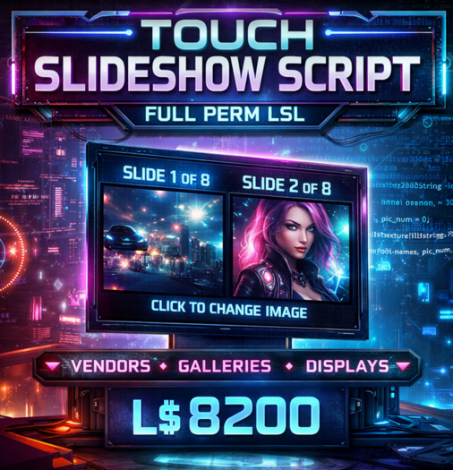 LSL Touch-Activated Texture Slideshow Script | Full Perm | Easy Click Image Changer for Second Life
