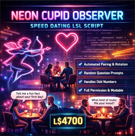 Neon Cupid Observer Speed Dating LSL Script – Full Permission, Instant Pairing & Interactive Prompts