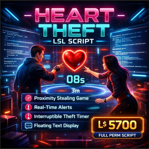 Heart Theft LSL Script – Interactive Proximity Stealing Game | Full Perm Second Life Script