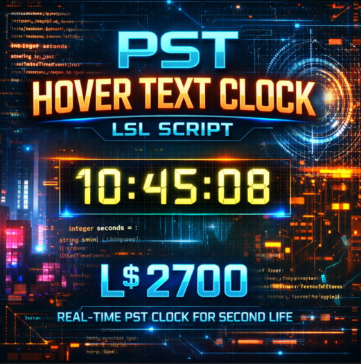 PST Hover Text Clock LSL Script – Real-Time Second Life Object Clock with Full Permissions