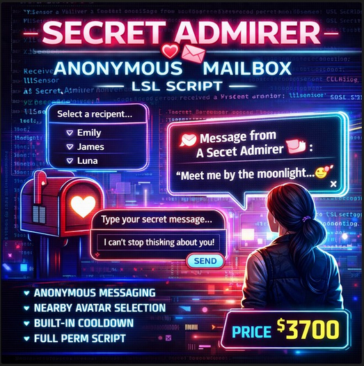 Secret Admirer Anonymous Mailbox LSL Script – Full Perm – Romantic Messaging System for Second Life